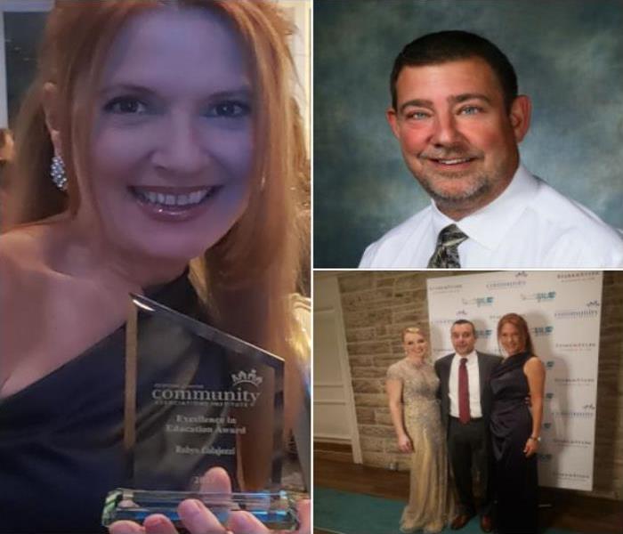 a collage of three images, a woman with an award, a man's professional headshot, and 2 woman on each side of a man